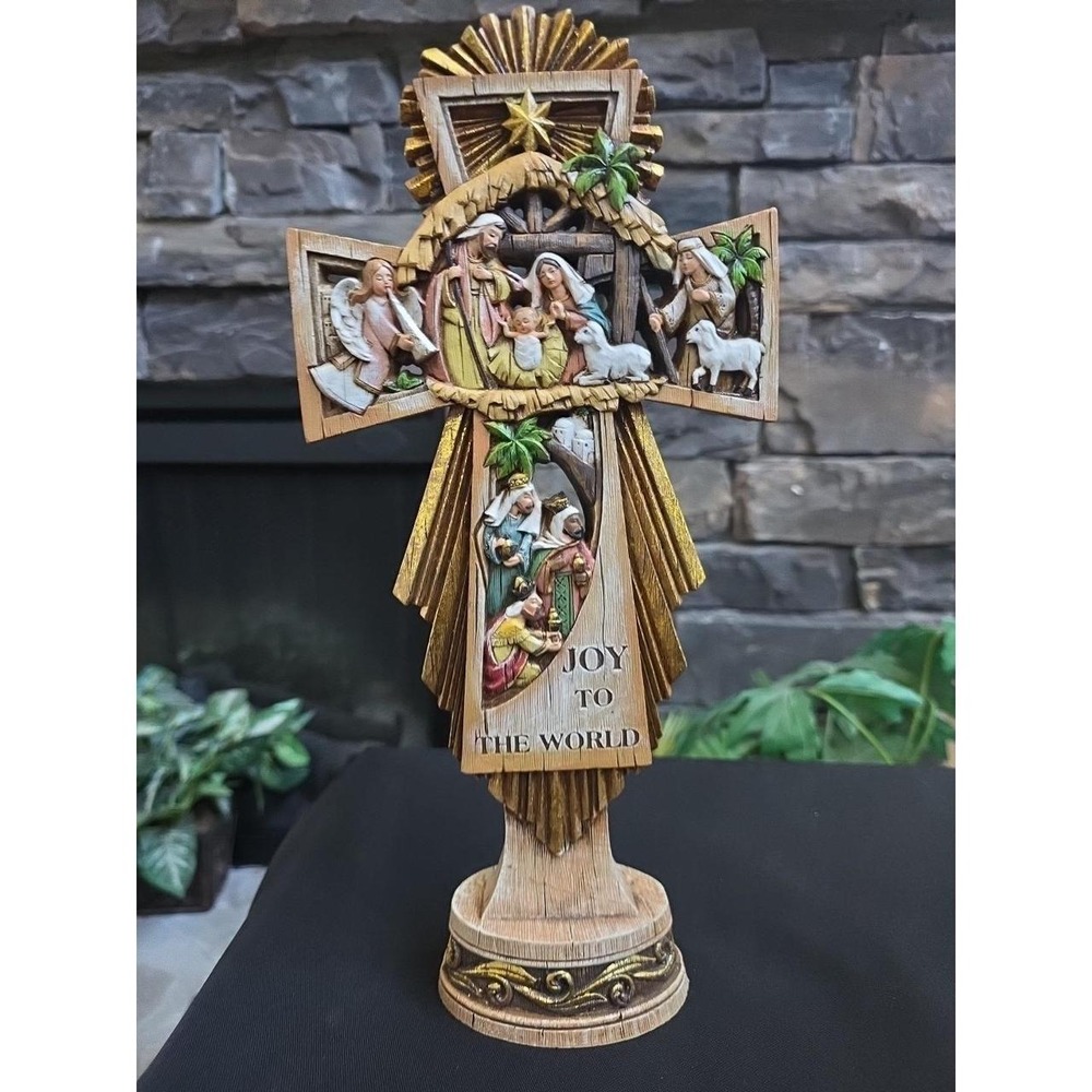 Joy To The World 13" Nativity Cross Figurine on Round Base